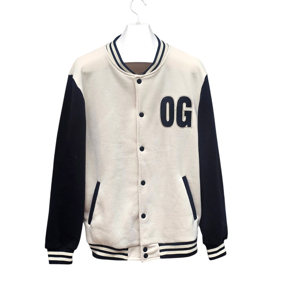 G-NET Men's Cream/Black Varsity Jacket, Fleece Button-Front, Band Collar, XL